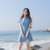 2018夏季新款女装气质修身显瘦收腰短袖A字裙纯色连衣裙短裙裙子(蓝色)(L)第2张高清大图
