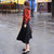 2018秋冬新款套装针织衫上衣中长半身裙大摆裙两件套女(红色上衣+黑色半裙 XL)第5张高清大图