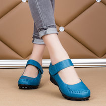 牛皮中老年人妈妈鞋平底单鞋低跟鞋子休闲搭扣舒适软底女鞋(37)(蓝色)
