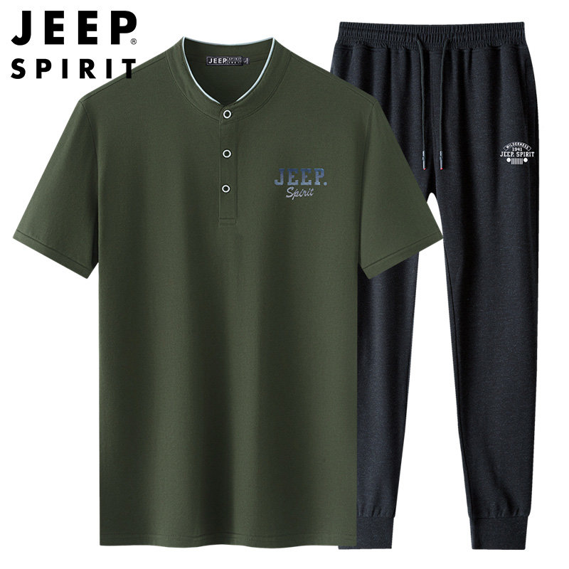 jeep spirit吉普男装t恤套装春夏新款三粒扣小立领短袖t恤加运动系带