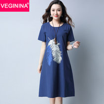 VEGININA  夏装新款大码棉麻印花中长裙短袖连衣裙 2942(蓝色 XXL)