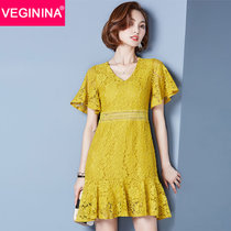 VEGININA 韩版V领短袖中长款蕾丝连衣裙 9566(黄色 XXL)