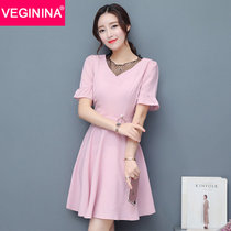 VEGININA  韩版新款网纱V领时尚短袖修身连衣裙女 2925(粉红色 XXL)