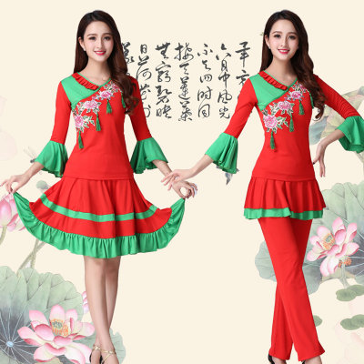 【广场舞服装新款套装2018春夏季民族风扇子