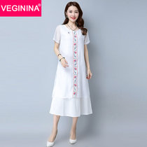 VEGININA 中国风欧根纱刺绣宽松双层连衣裙 3053(白色 XL)