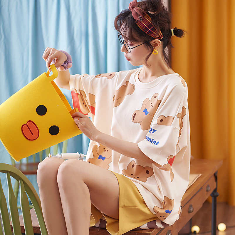 韩版睡衣女夏季短袖纯棉可爱甜美套装居家服df35004灰色m
