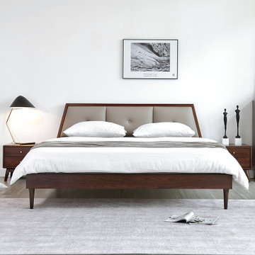 吉木多 红橡木现代新中式实木床1.8米双人大床主卧软靠背包高箱储物轻奢婚床(1.5*2米胡桃色 单床)