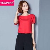 VEGININA 韩版宽松圆领蕾丝拼接纯色镂空短袖雪纺衫 9704(红色 XL)
