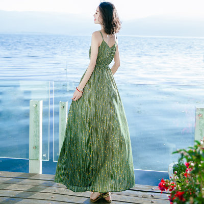 【2018夏季新款女装吊带裙外穿雪纺连衣裙绿