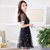 2017夏季新款女装韩版修身显瘦网纱短袖A字裙子夏天(黑色 XL)第2张高清大图