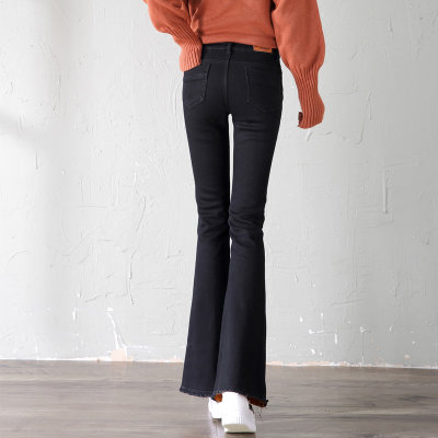 【春装新款黑色高腰喇叭裤女弹力显瘦毛边加长