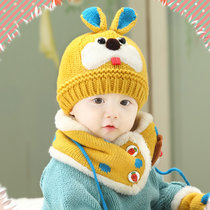 韩国婴儿帽子秋冬季0-3-6-12个月男女宝宝帽子儿童毛线帽围巾保暖套装0-1-2-3岁(黄色)