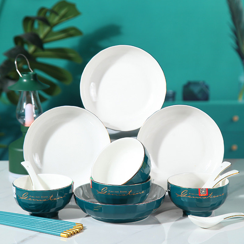 头鎏金钻石晚盘陶瓷餐具套装(8英寸碗祖母绿金边1只)【图片 价格 品牌