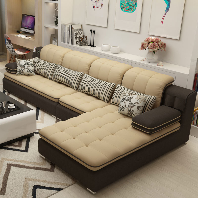 美天乐布艺沙发组合可拆洗客厅简约现代转角大小户l型贵妃家具米白