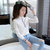 Mistletoe2017春装翻领拼接条纹纯色韩版白衬衫女长袖修身衬衣女装(白色 L)第3张高清大图