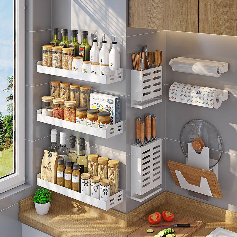厨房置物架白色免打孔多功能放调味料用品壁挂式收纳挂架墙上架子双层
