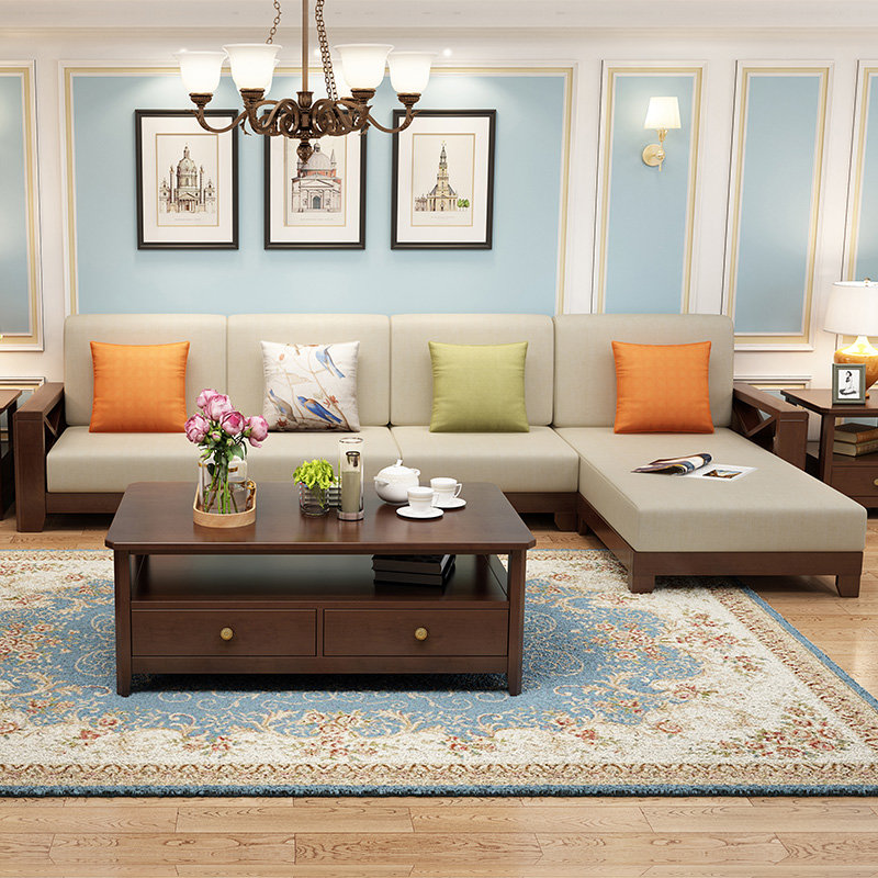 丰圆藤木橡胶木沙发简约美式实木沙发客厅家具沙发转角组合胡桃色四人
