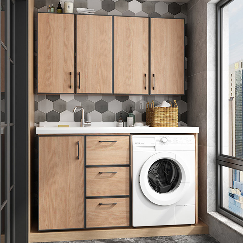 阳台洗衣机柜组合实木一体柜石英石台面带搓衣板洗衣槽定制13米带抽平