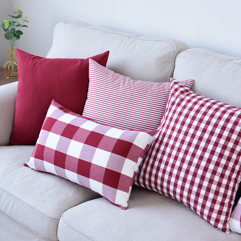 客厅沙发抱枕套床头靠枕美式大格子靠垫套不含芯办公室护腰靠背垫深红