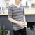 左岸男装 夏季新款韩版男士V领短袖T恤男生修身条纹半袖上衣潮(黑灰色 4XL)第3张高清大图