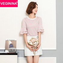 VEGININA 细横条纹五分袖T恤女圆领荷叶袖喇叭袖上衣 9455(粉红色 S)