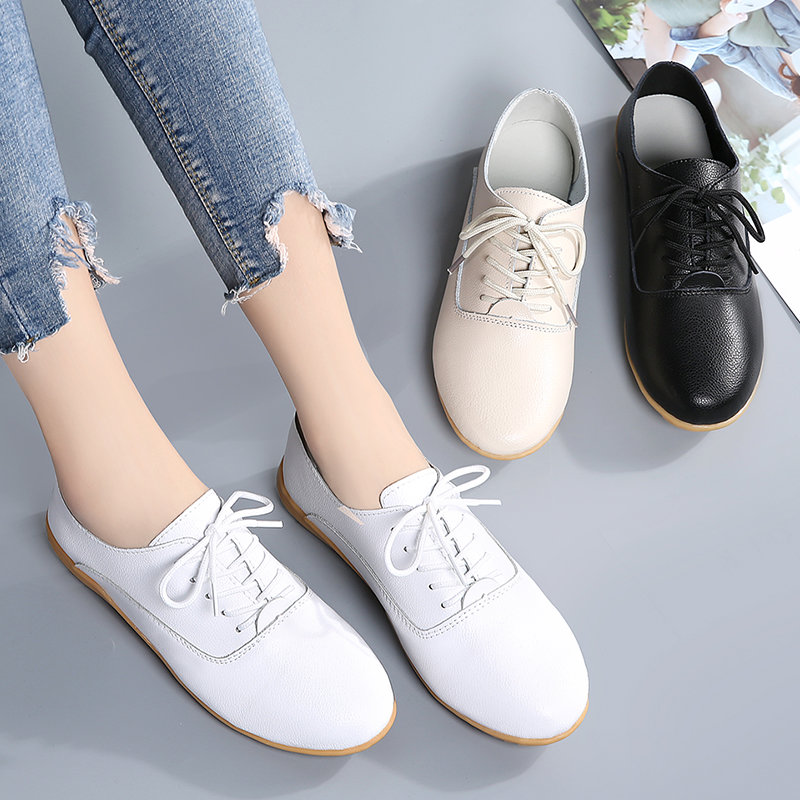 真皮女鞋新款深口系带小白鞋女牛筋软底休闲鞋百搭透气平底鞋白色39
