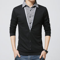 假两件衬衫领男士毛衣套头毛线衣男装韩版V领薄款春季男生针织衫E6237(E6237黑色薄款 XL)