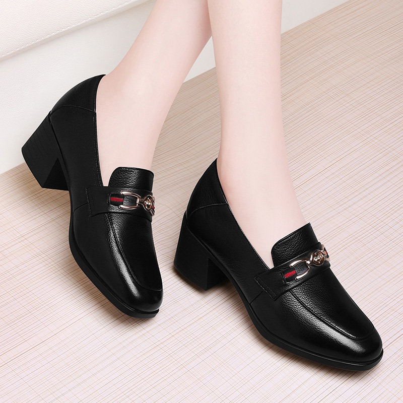 芳棋云轻奢定制单鞋女头层牛皮圆头粗跟小皮鞋女网红气质百搭休闲女鞋