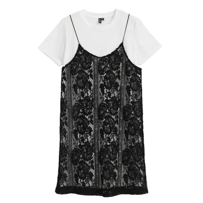 韩都衣舍2017韩版女装夏装新性感蕾丝吊带短袖两件套连衣裙MR6405(黑色 S)
