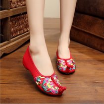 新款中国风老北京布鞋舞蹈民族风特色绣花鞋内坡跟女单鞋(37)(米白色)