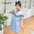 CaldiceKris（中国CK）女童条纹露肩牛仔连衣裙CK-FS3168(140 蓝色)第2张高清大图