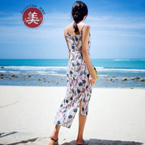 阿美氏女装雪纺连衣裙女士印花海沙滩长裙子.夏季复古修身包臀 HYS1/633(红色 L)