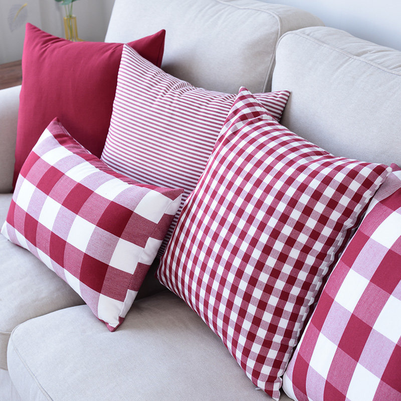 客厅沙发抱枕套床头靠枕美式大格子靠垫套不含芯办公室护腰靠背垫深红