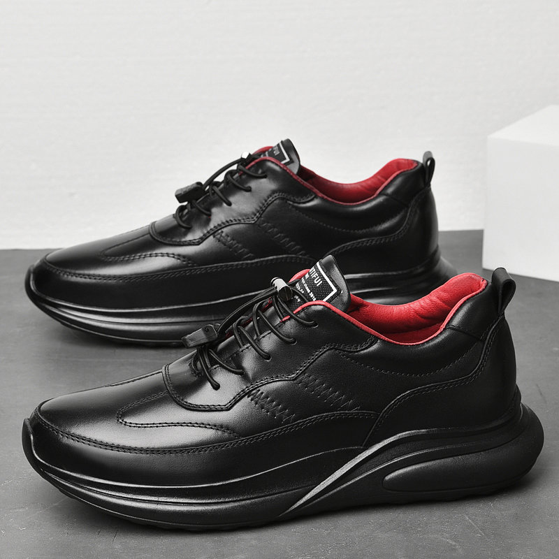 男鞋新款办公休闲鞋子头层牛皮橡胶鞋男圆头舒适鞋黑色43