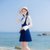 2018秋装新款韩版修身显瘦长袖喇叭袖背带裙两件套连衣裙套装裙(蓝色)(M)第3张高清大图