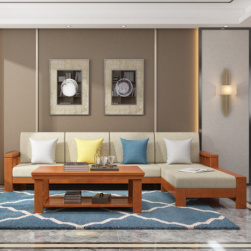 吉木多新中式实木沙发组合小户型贵妃转角可变床沙发床象牙白五人位