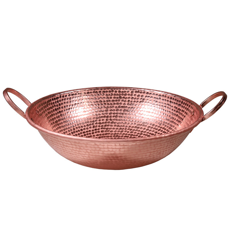手工铜炒锅纯铜家用紫铜炒菜锅加厚双耳铜锅火锅盆铜炒瓢铜炒勺30厘米