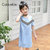 CaldiceKris（中国CK）女童条纹露肩牛仔连衣裙CK-FS3168(140 蓝色)第3张高清大图