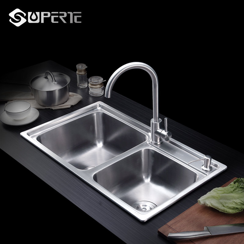 舒美特水槽双槽304不锈钢洗菜盆洗碗池一体成型加厚水盆厨房套餐拉伸