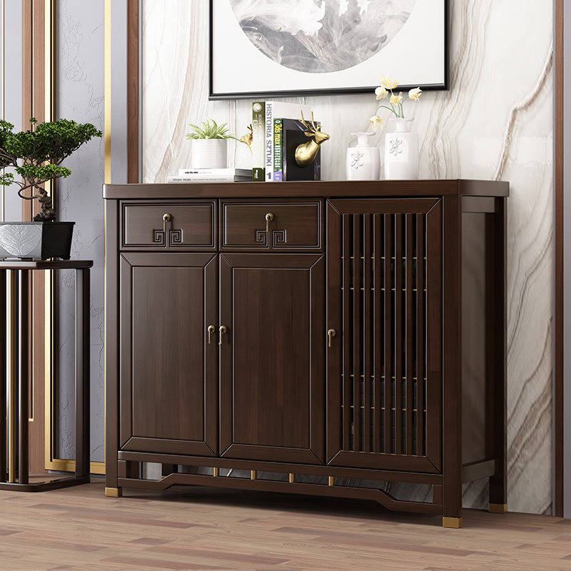 朷木实木鞋柜中式简约玄关柜入户柜3门鞋柜带抽屉深色款新中式家具