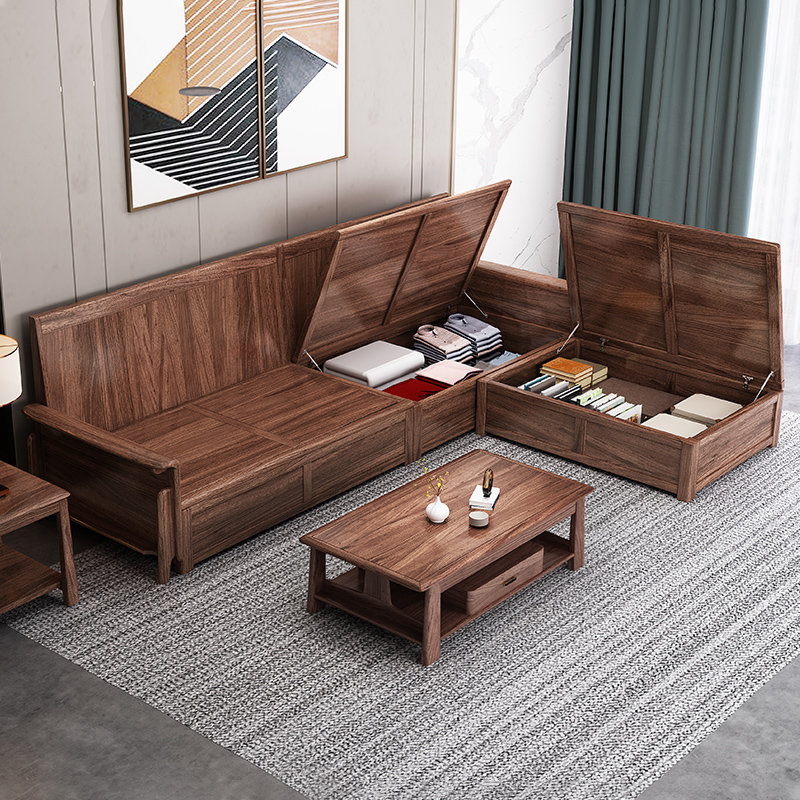 朷木乌金木沙发现代中式实木沙发简约贵妃沙发实木转角储物沙发家具