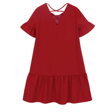 韩都衣舍17夏装新款韩版女装镂空露背装荷叶边雪纺连衣裙MR6651(红色 XS)
