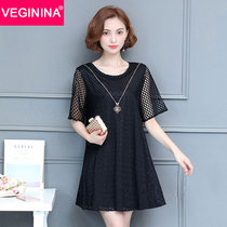 VEGININA 大码文艺镂空拼接短袖连衣裙 9543(黑色 3XL)
