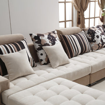 紫茉莉 沙发 布艺沙发 小户型沙发 简约现代客厅三人转角布艺沙发(卡其加灰白 六件套送茶几电视柜)