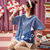 【俞兆林】 萌趣小猫图案睡衣女夏季短袖可爱可外穿2021年新款女士家居服套装 35028(蓝色 M)第4张高清大图