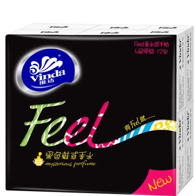 维达Feel系列黑色魅惑香水味手帕纸4层7张纸巾12包(维达手帕纸V0136-1条)