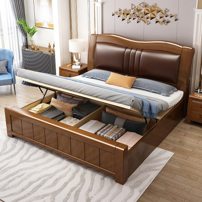 吉木多 橡胶木实木床新中式1.8米双人床经济型1.5米大床主卧软靠婚床卧室家具 颜色拍下备注(1.5*2米带软包 床+床垫)