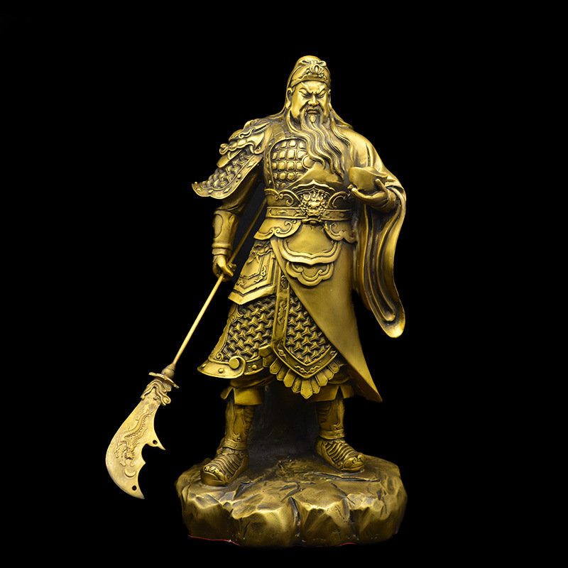 黄铜托宝关公批发关羽佛像九龙关公铜摆件背剑九龙关公高52厘米底长24