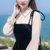 2018秋装新款韩版女装修身吊带长袖丝绒两件套连衣裙套装裙裙子(黑色)(L)第5张高清大图