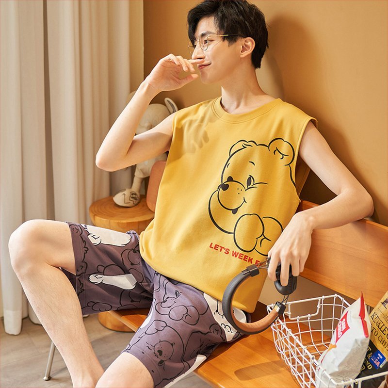 suntek睡衣男无袖背心春夏季夏天薄款青少年学生卡通男士家居服套装zy